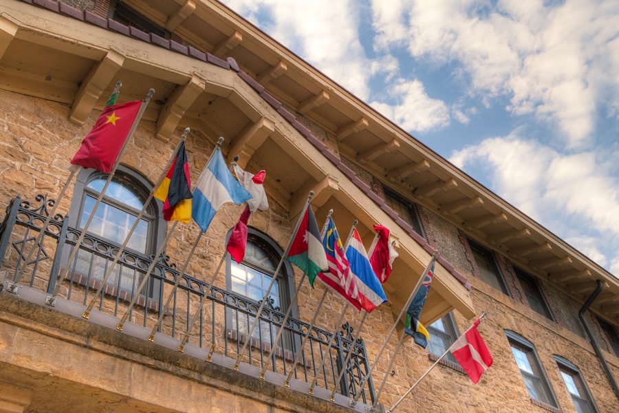 many national flags hung outside ILC