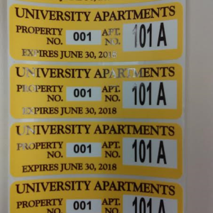 Property stickers for University Apartments.