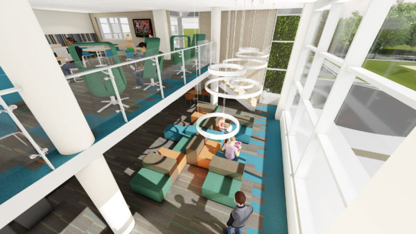 Rendering of a Witte lounge from the second floor