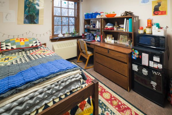 A single room in Tripp Residence Hall in 2017