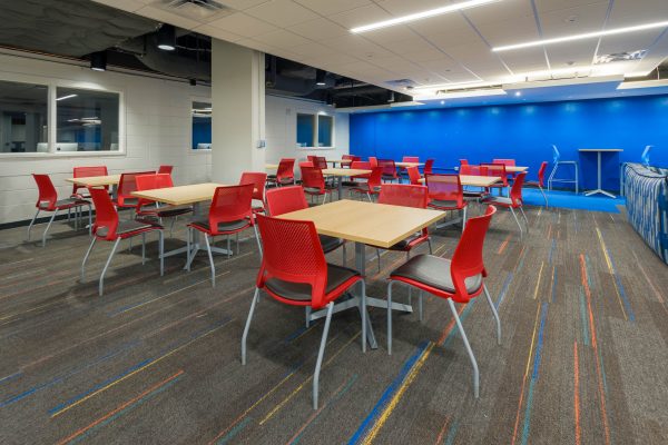 Interior of the lower level lounge in Witte Residence Hall