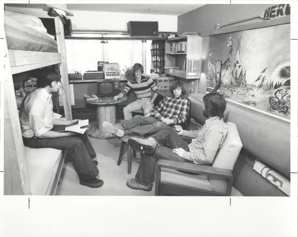 Students gathering in a Bradley Hall resident room