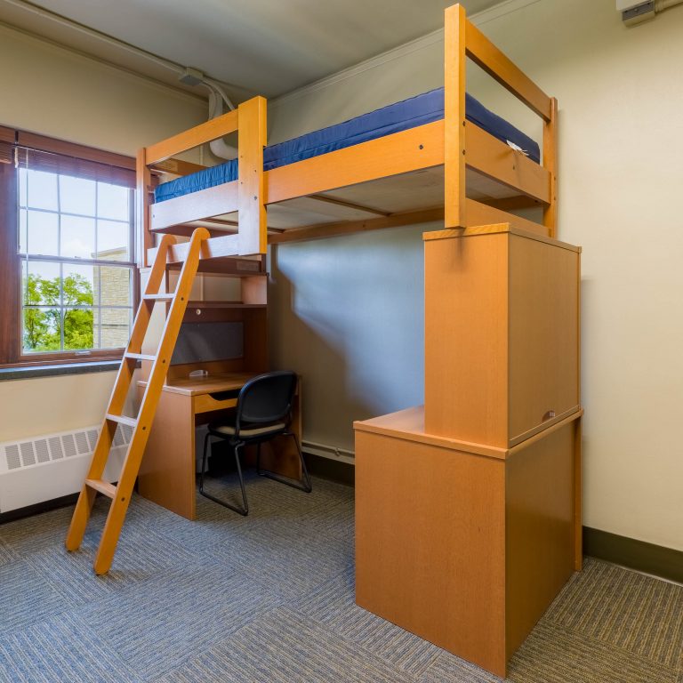 Lofted bed with building block-style furniture