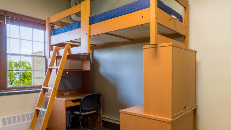 Lofted bed with building block-style furniture