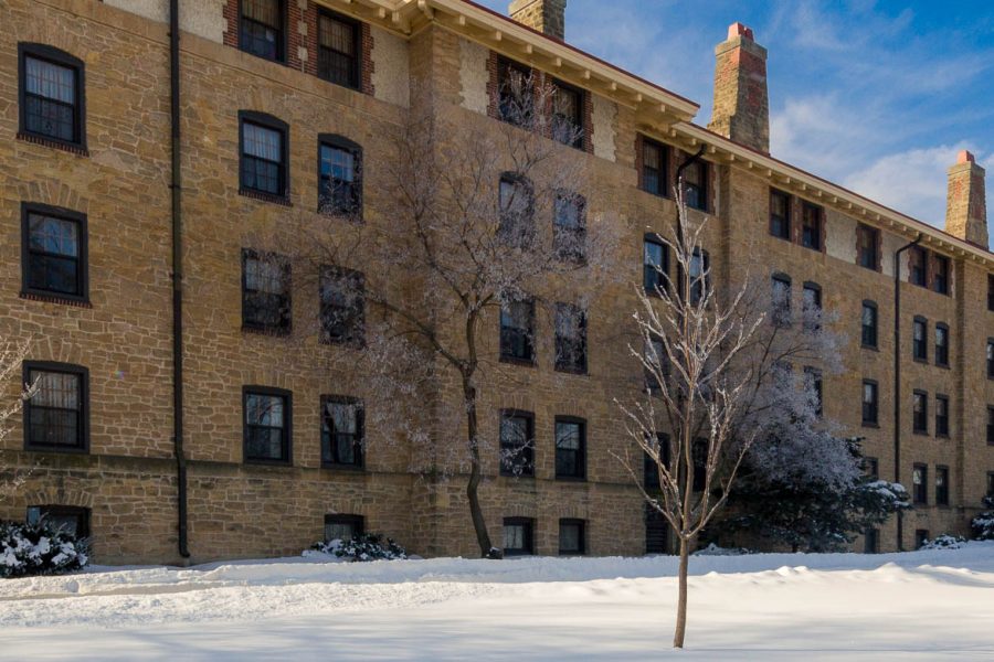 Tripp Residence Hall exterior in winter