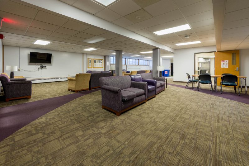 Lower level lounge of Cole Residence Hall