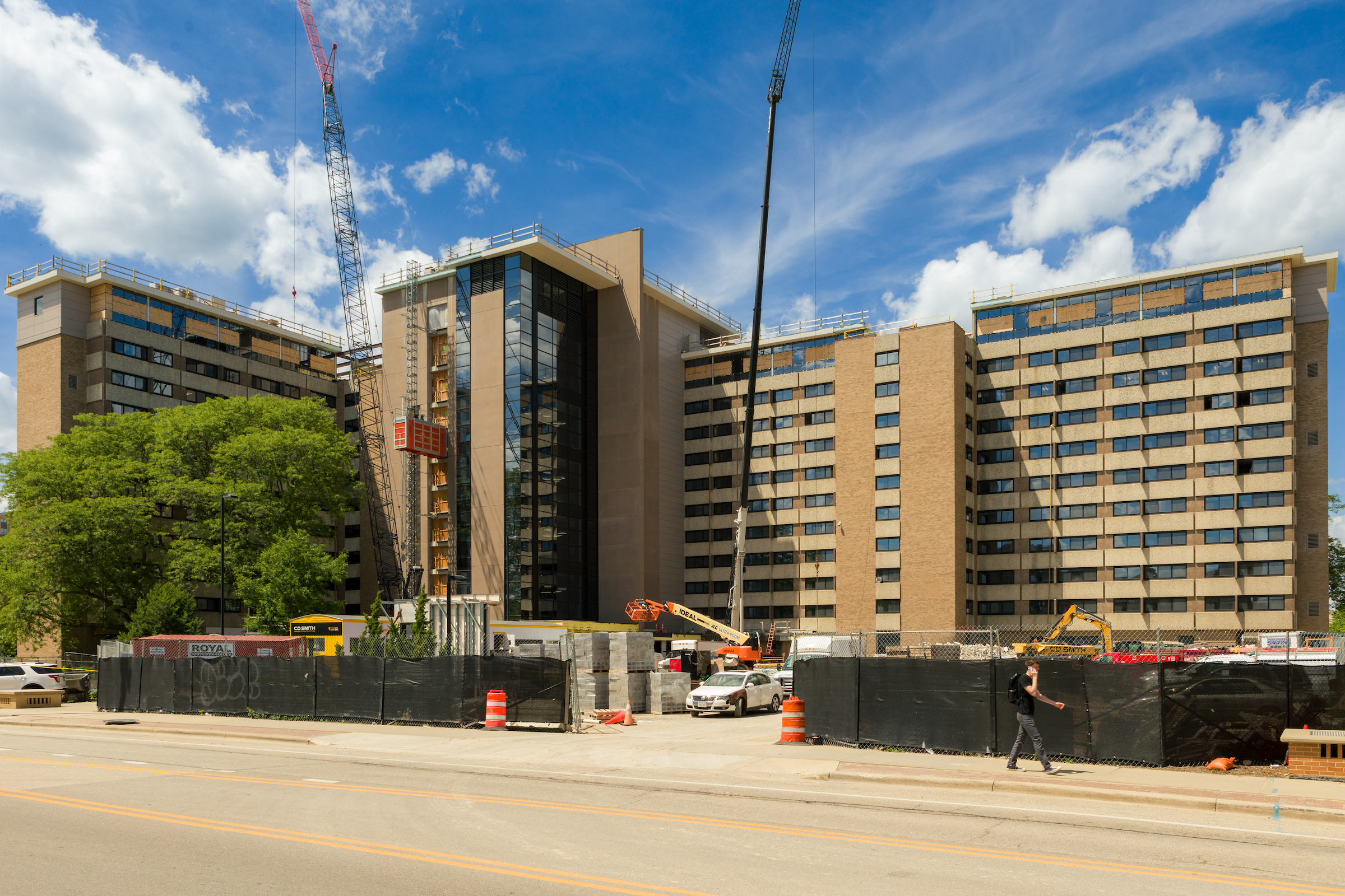 The exterior of Sellery Residence Hall under construction during summer months
