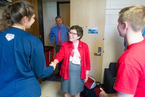 Chancellor Rebecca Blank meets with students in the residence halls during move-in