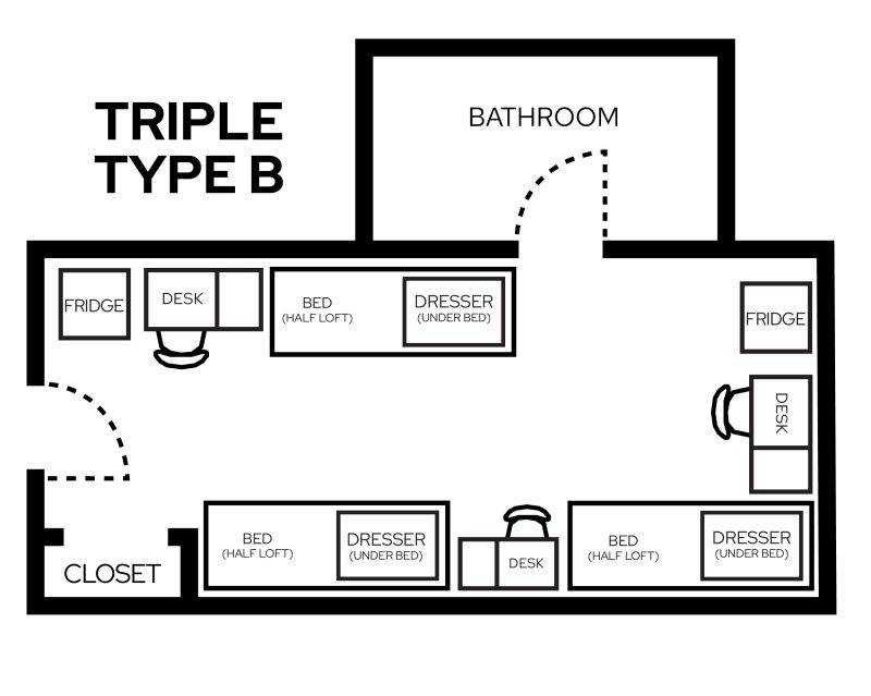 Lowell Triple Type B with Bath room layout showing furniture