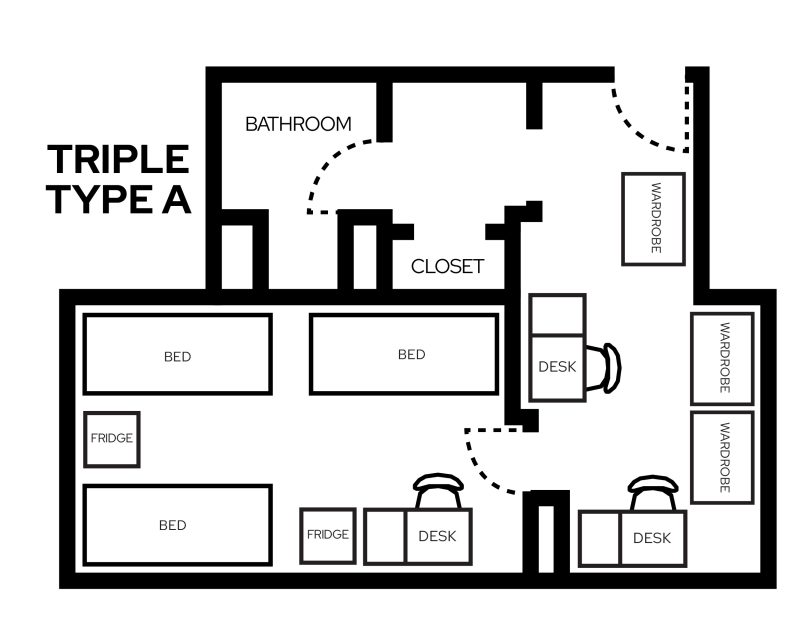 Lowell Triple Type A with Bath room layout showing furniture