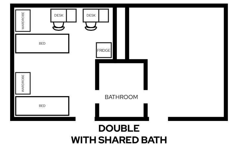 Lowell double with shared bath room layout with furniture