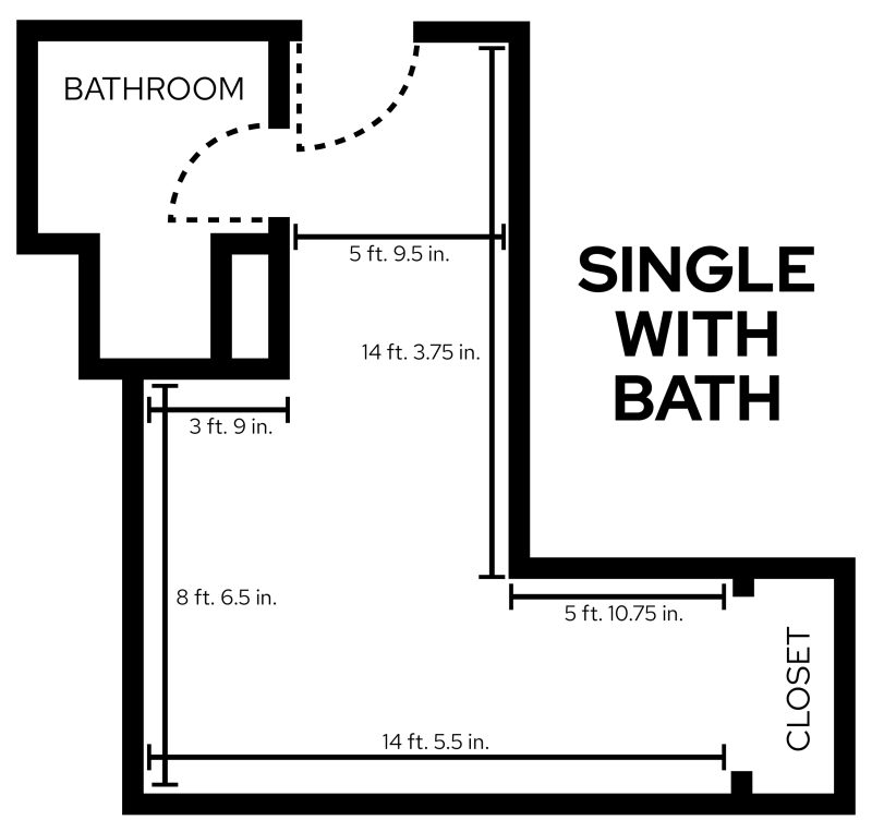 Lowell Single with Bath room layout showing dimensions