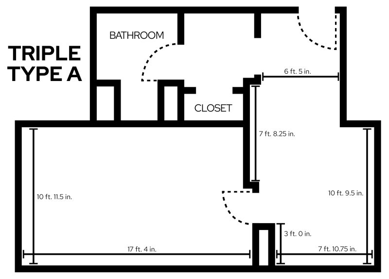 Lowell Triple Type A with Bath room layout showing dimensions