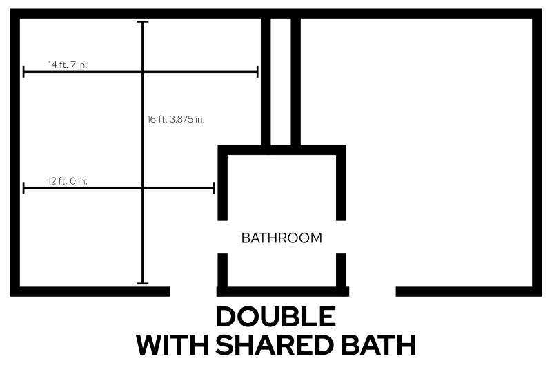 Lowell double with shared bath room layout with dimensions