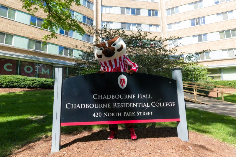 Bucky Badger in front of Chadbourne Hall (CRC)
