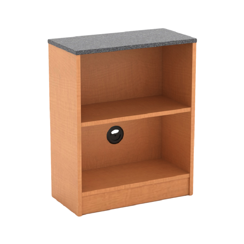 A medium-colored wood bookshelf with a dark gray top and two shelves