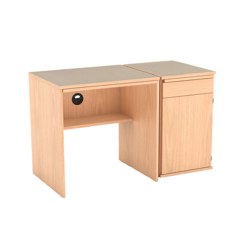 A light-colored wood desk with a dark gray top and an attached pedestal with a drawer and cabinet