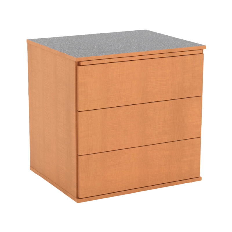 A medium-colored wood dresser with a dark gray top and three drawers