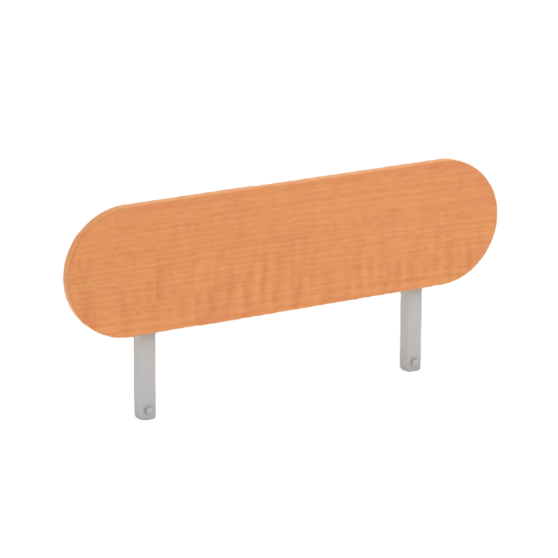 A medium-colored wood safety rail for a bed