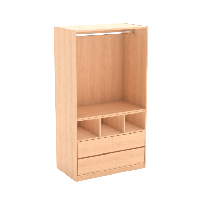 A light-colored wooden wardrobe with a hanging rod, three cubbies, and four drawers