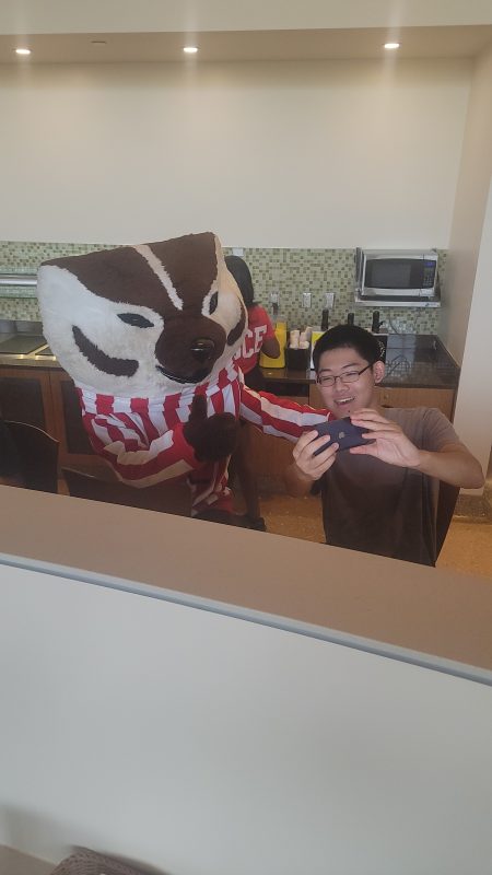 Badger Welcome Dinner - Bucky selfie with residents