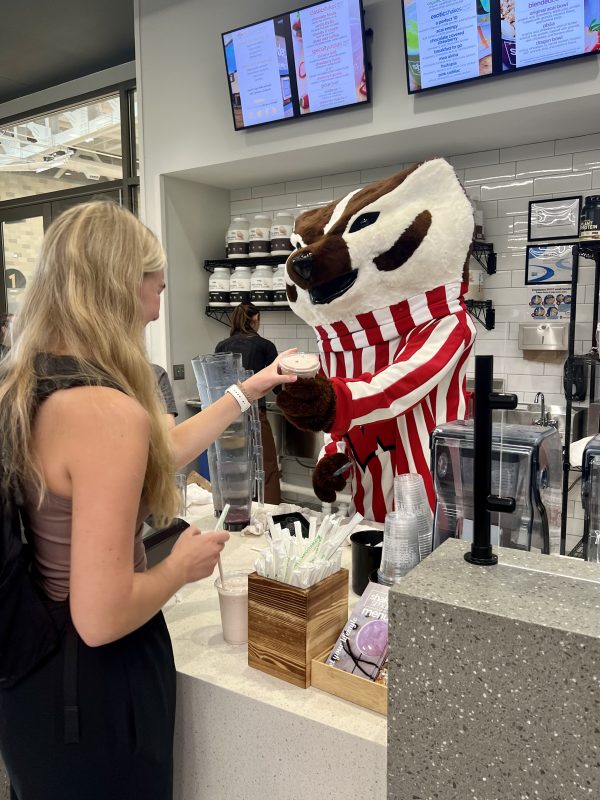 Bucky serving shakes at Free Shake Day