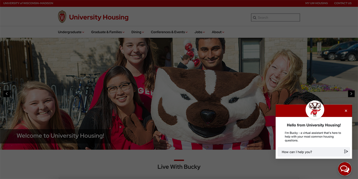 A screenshot of the University Housing home page featuring the virtual chatbot