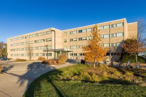 Phillips Residence Hall exterior in autumn
