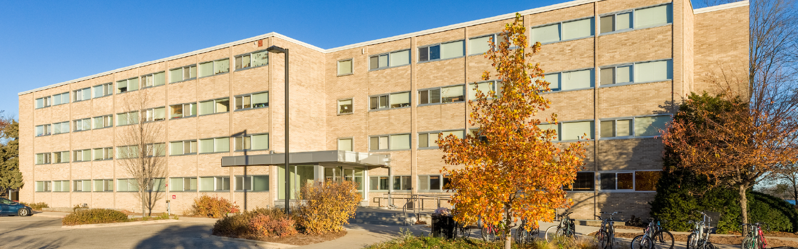Phillips Residence Hall exterior in autumn