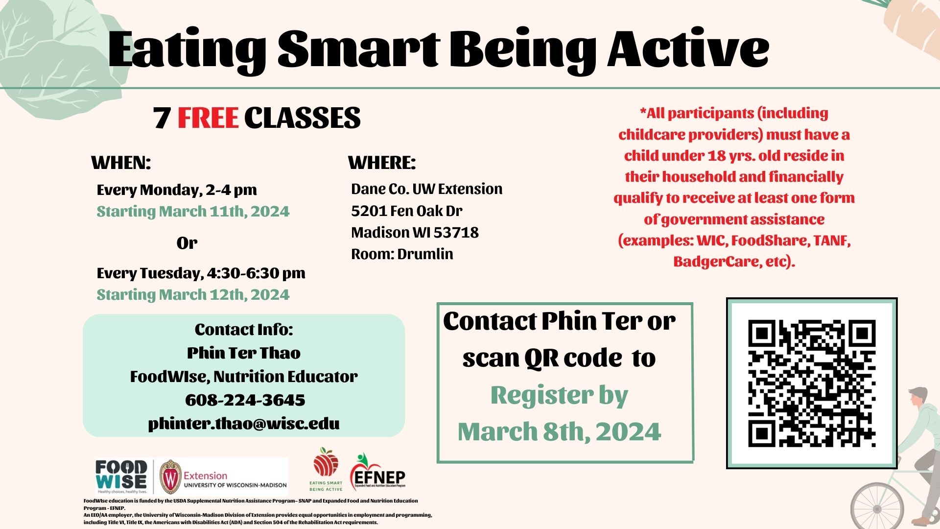 Flyer for FoodWIse classes on eating smart and being active
